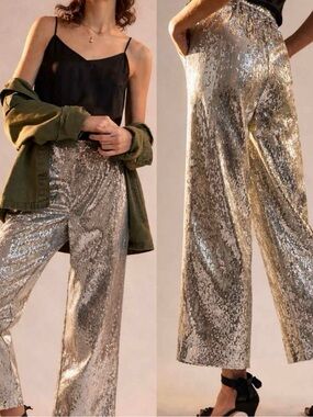 NWT Anthropologie Porridge Sz S Sequin Wide-Leg Pants - Silver
